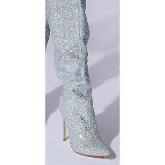 AZALEA WANG Jinny Embellished Thigh High Denim Chap Silver Boots Size 7 NWB - Picture 5 of 8